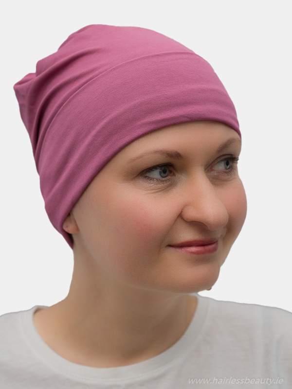 Light cotton sleep cap in lilac, perfect for wearing at night during hair loss