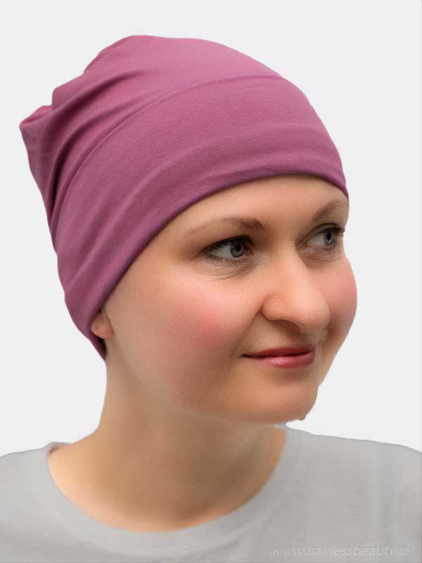 Soft bamboo sleep cap in lilac colour with no lining, ideal for alopecia and hair loss