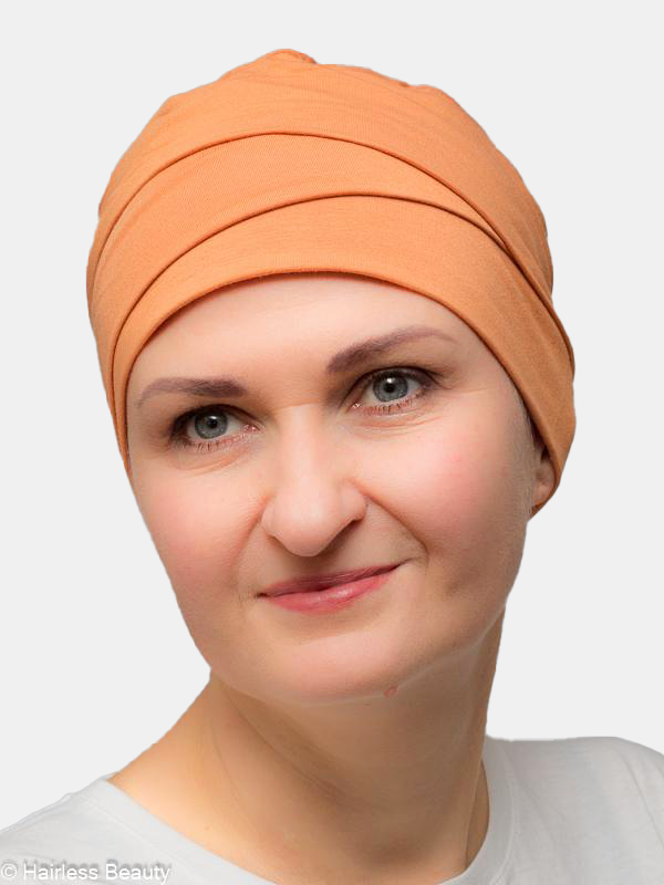 Fashionable bamboo turban offering full head coverage for cancer patients