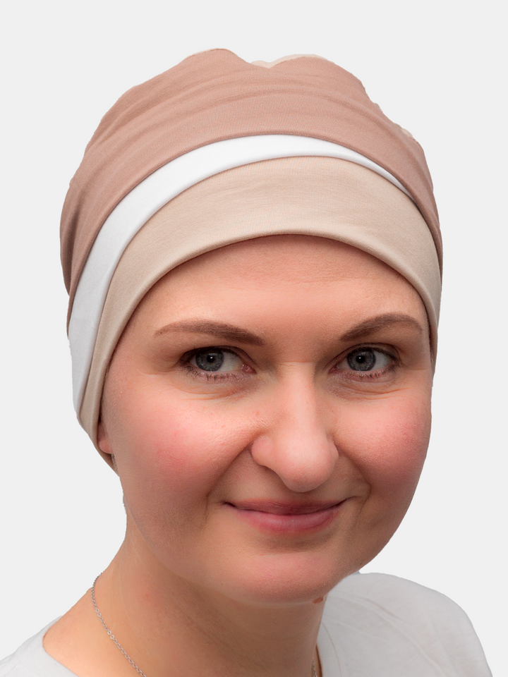 Soft beige bamboo headwear, designed for sensitive scalps