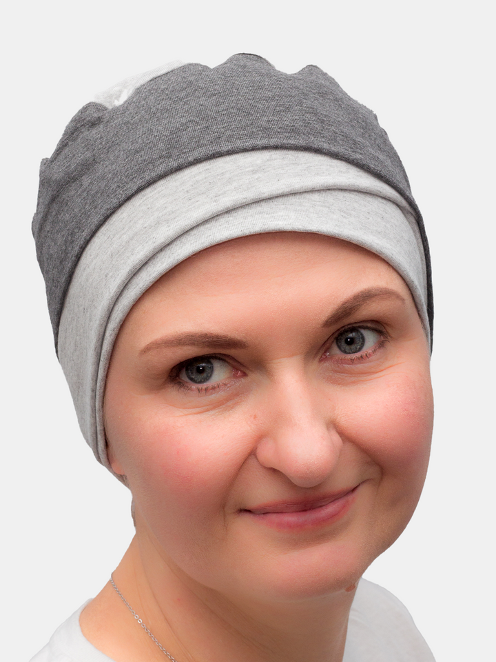 Comfortable grey turban for cancer and chemo patients, made from bamboo