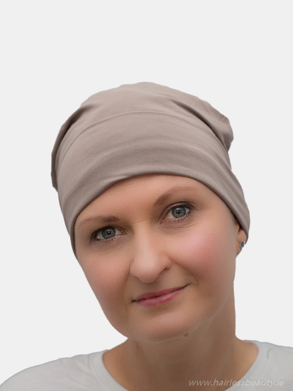 Soft, brown cotton sleep cap with no lining, ideal for alopecia and hair loss