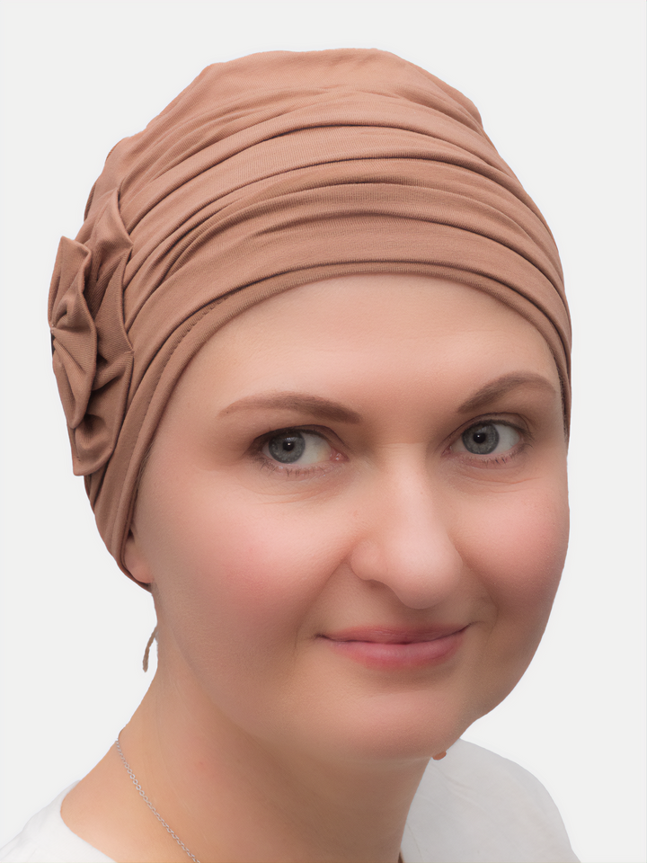 Elegant bamboo turban with a soft lining and flowing fabric, providing a pretty and comfortable fit for hair loss