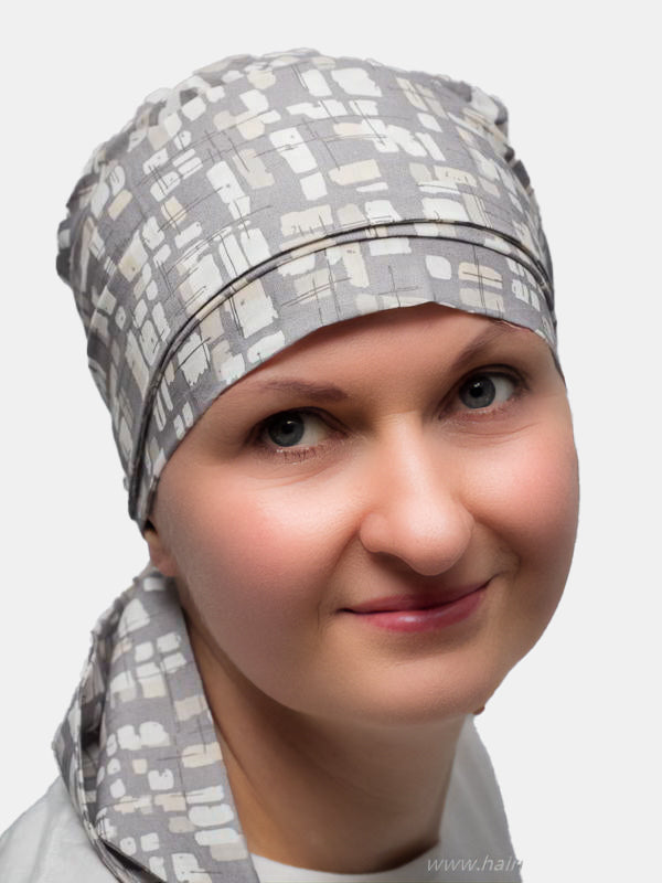 Delicate grey cotton scarf for women undergoing chemo, offering elegance and comfort for day use