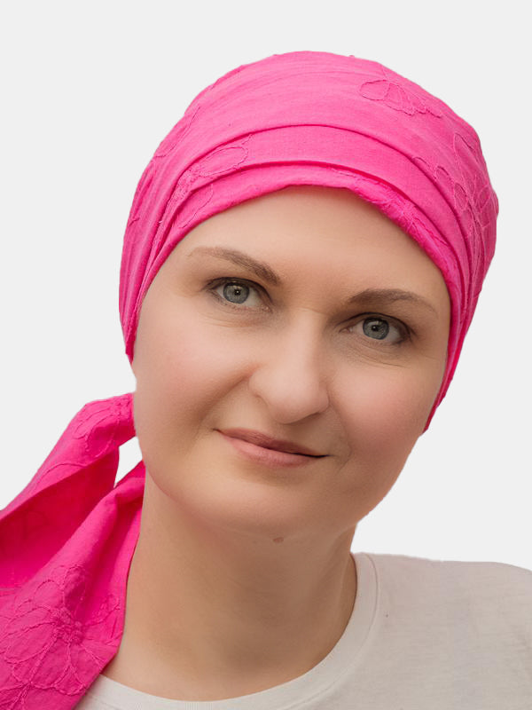 Elegant pink cotton scarf, designed for special occasions and everyday wear, perfect for women with hair loss