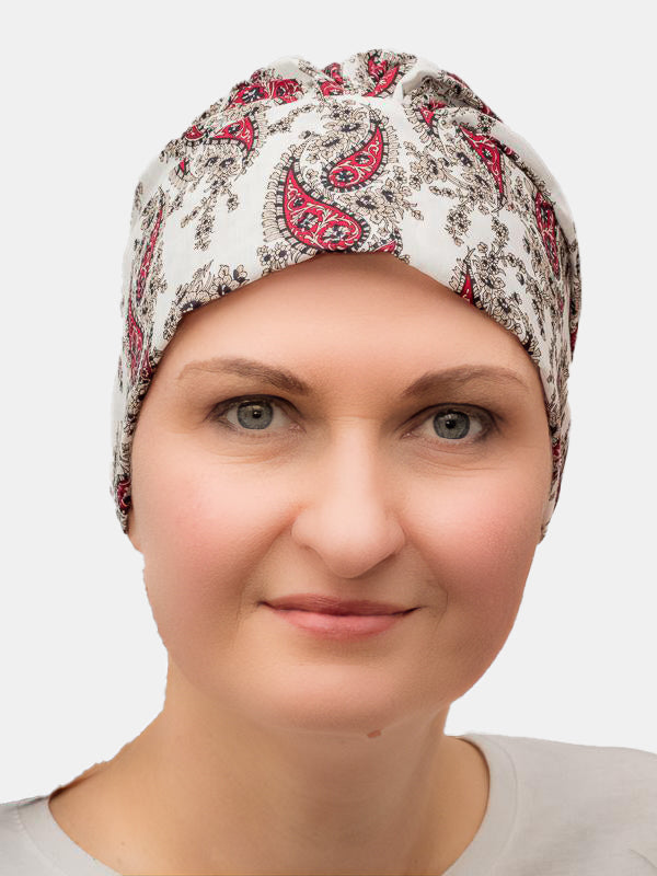 Stylish headscarf for cancer patients with an elegant paisley design