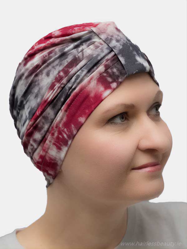 Stylish red turban, perfect for alopecia and cancer patients