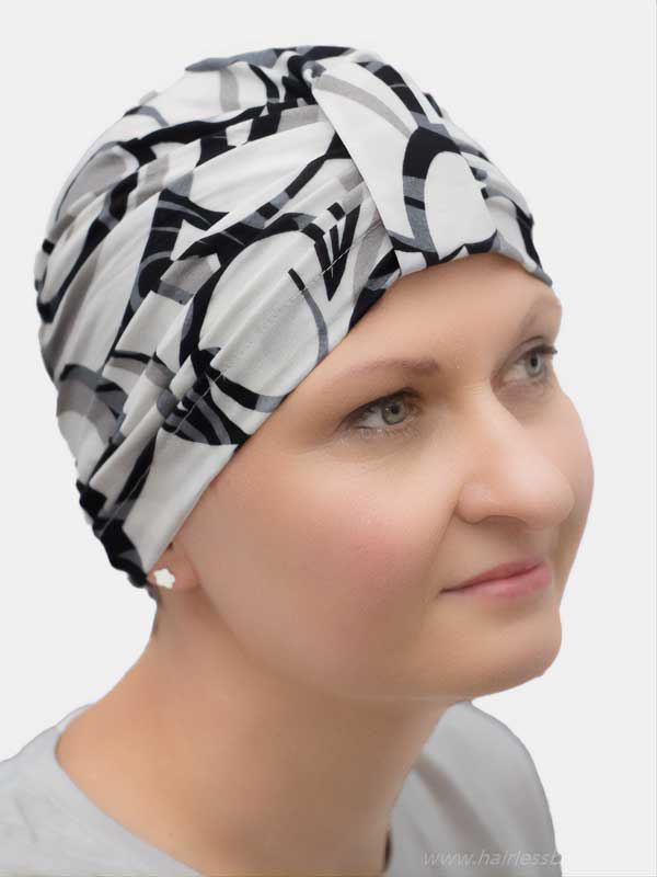 Soft, patterned bamboo turban offering full head coverage for hair loss