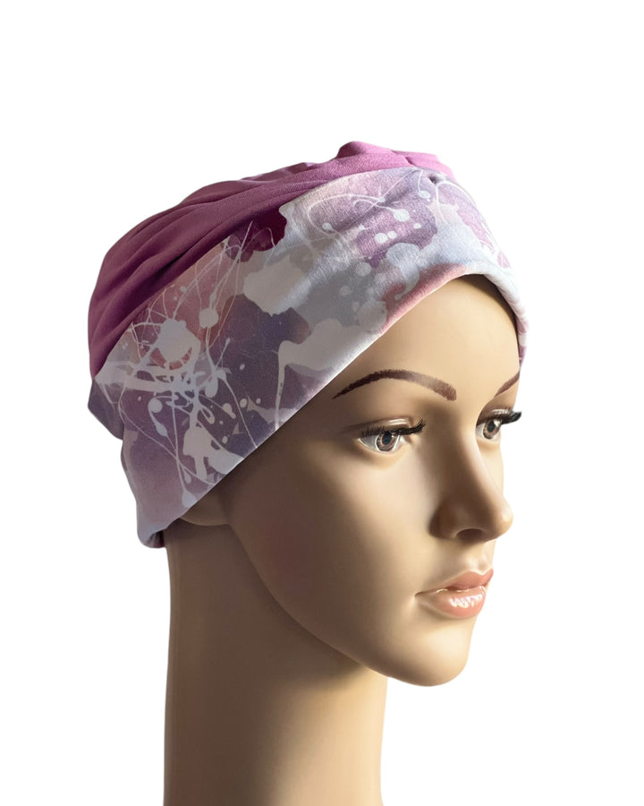 Comfortable Lilac Flora Bamboo hat with a flattering drape and volume, perfect for alopecia and hair loss due to chemo