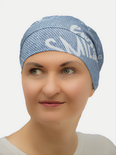 Soft, blue Magnolia cap, perfect for chemo and hair loss 