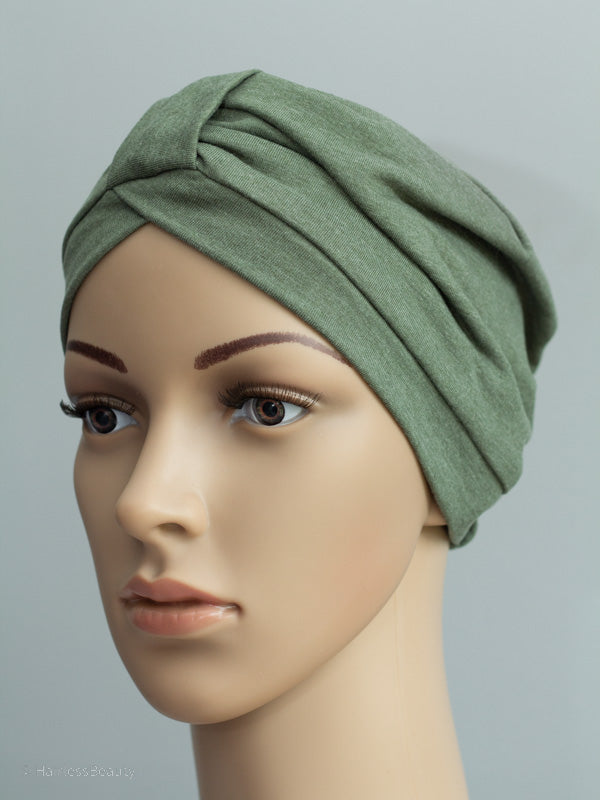 Comfy khaki turban perfect for outdoor and home use, soothing for hair loss