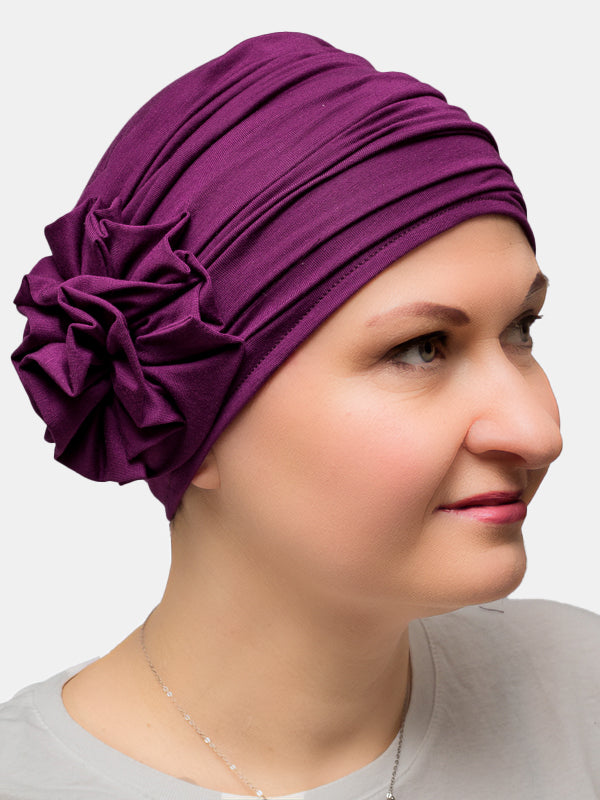 Bamboo turban with hidden seams and flower, perfect for chemo and radiotherapy