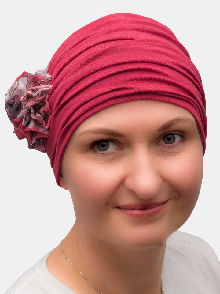 Elegant bamboo hat with handmade flower, adding volume for alopecia and chemo