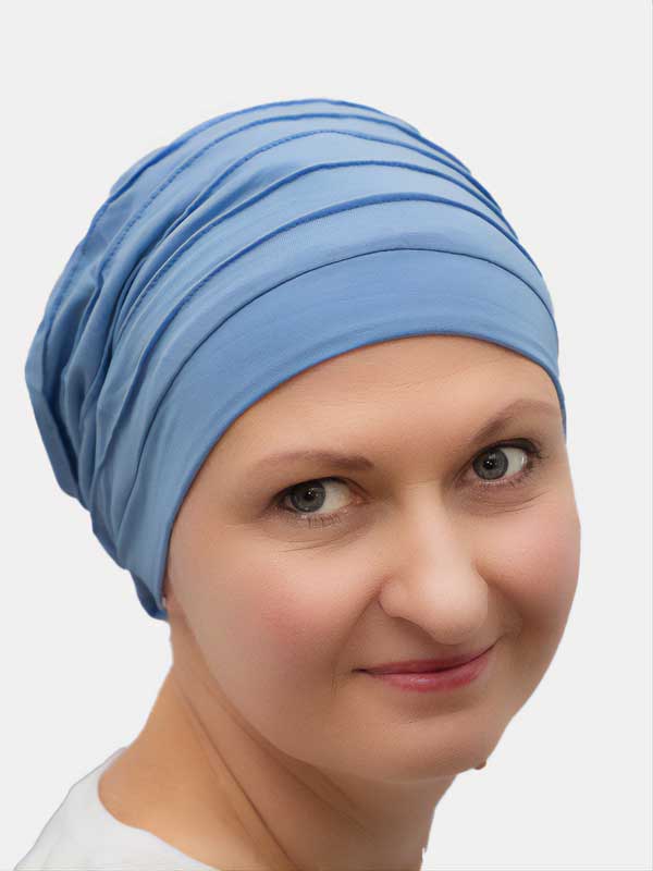 Pretty blue beanie, loose and comfortable for alopecia and cancer patients