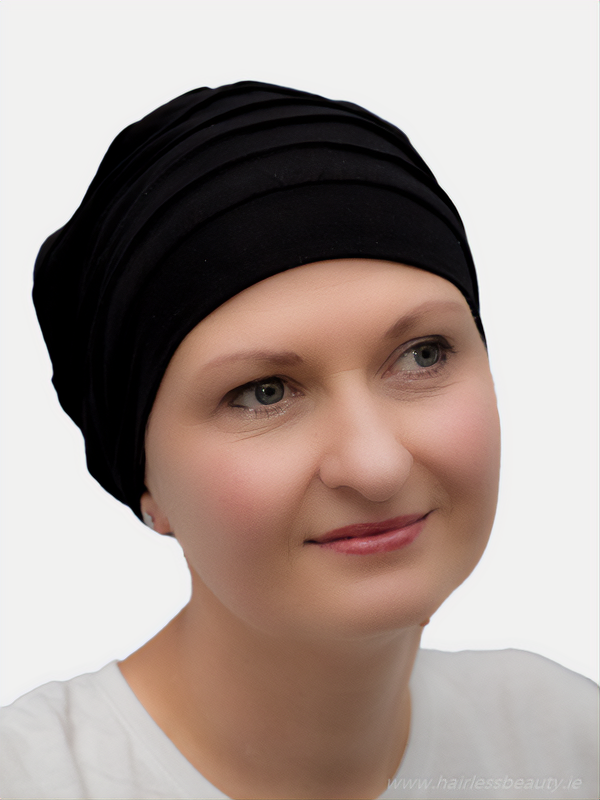 Light and soft black beanie, ideal for chemo, cancer, and hair loss