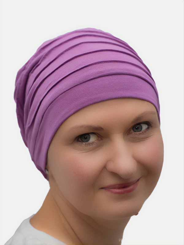 Simple and lined lavender beanie, perfect for hair loss due to cancer