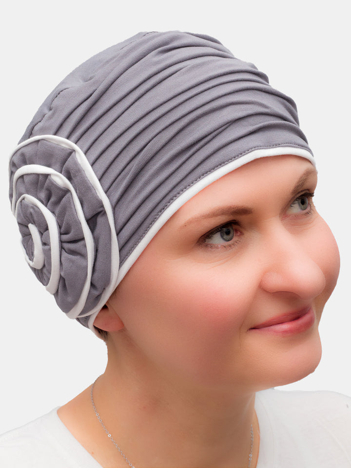 Soft grey bamboo hat, adds volume and warmth, ideal for hair fall and chemo