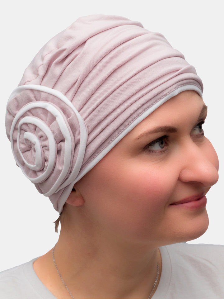 Pretty powdered pink bamboo hat, gentle on sensitive scalps for cancer, alopecia, and hair fall