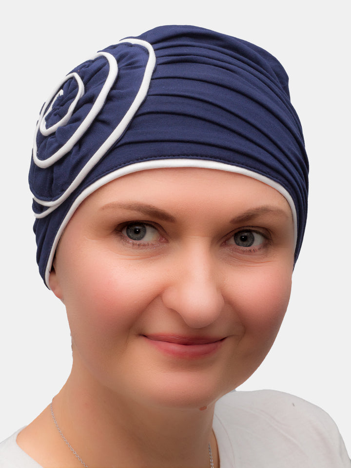 Handmade navy bamboo hat, delicate design, protects sensitive scalps during radiotherapy