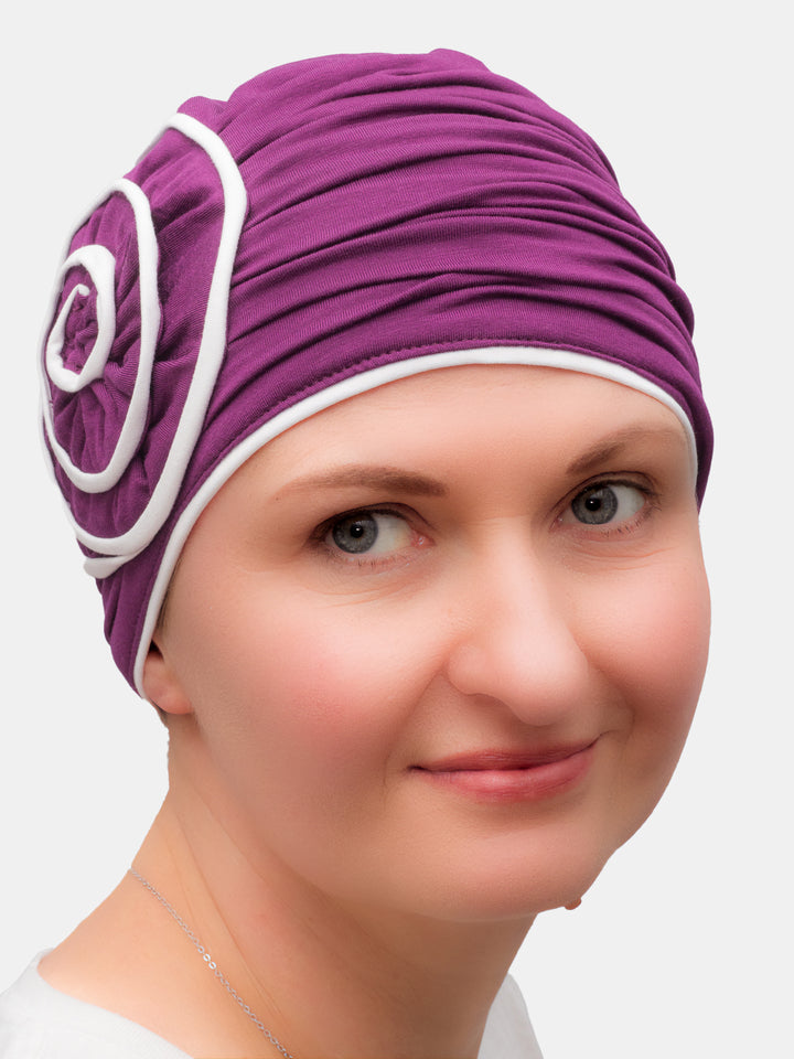 Stylish plum bamboo hat with side decoration, perfect for chemo, alopecia, and hair loss