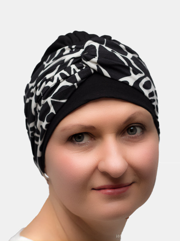Orchid black and white bamboo turban, prevents flat look for cancer and hair loss
