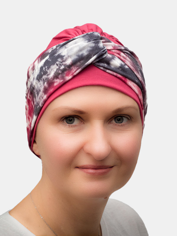 Chic red Orchid turban, prevents flat look, perfect for medical hair loss