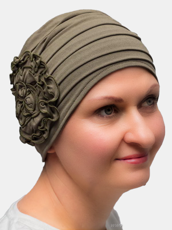 Petunia hat, vintage style with flower, for cancer patients